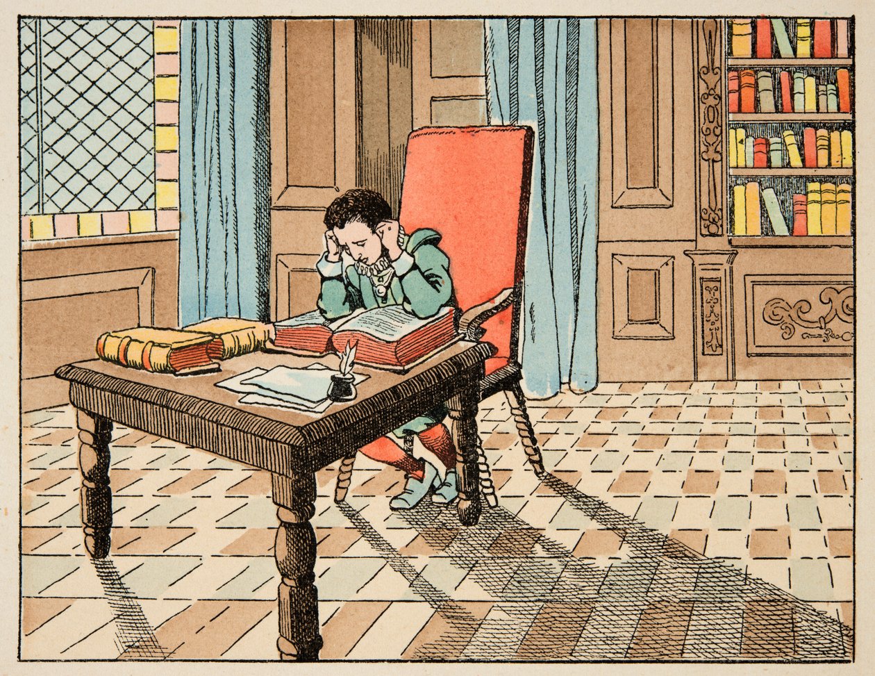Ilustrace převzatá z knihy „Le bon roy Henri“, kterou ilustroval Jacques Marie Gaston Onfray de Breville dit JOB (1858-1931): Vzdělávání v 16. století: přednáška klasiků - Soukromá sbírka od pseudonym for Onfray de Breville Jacques Job