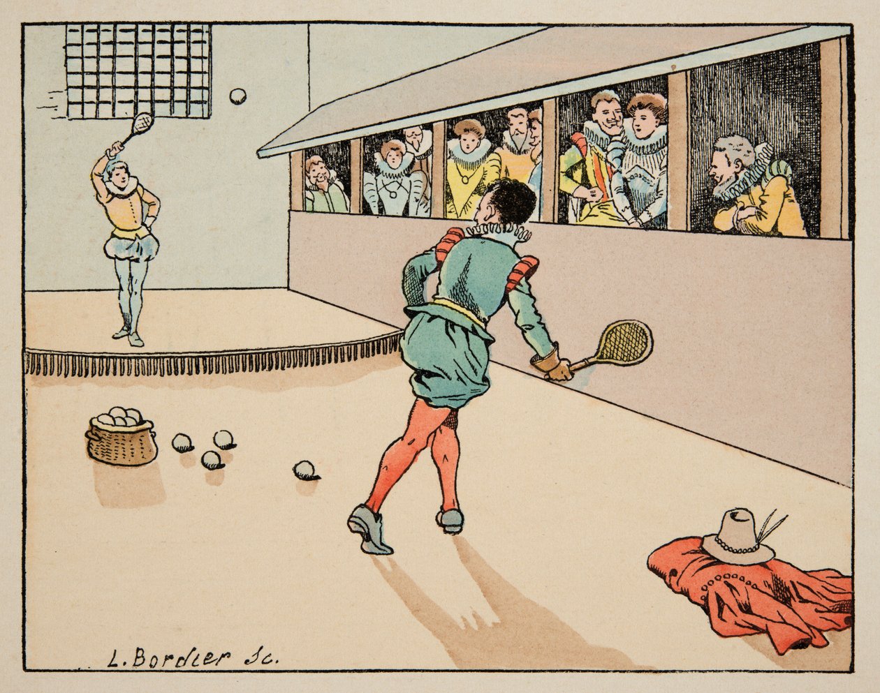 Ilustrace převzatá z knihy „Le bon roy Henri“, kterou ilustroval Jacques Marie Gaston Onfray de Breville dit JOB (1858-1931): Vzdělávání v 16. století: hra s palmami – soukromá sbírka od pseudonym for Onfray de Breville Jacques Job