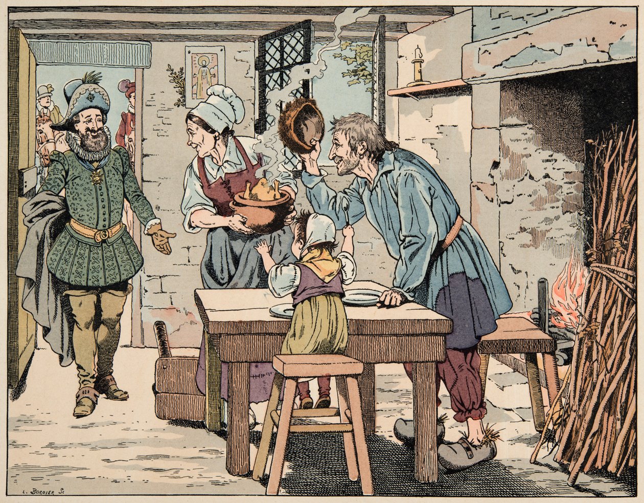 Ilustrace převzatá z knihy „Le bon roy Henri““, kterou ilustroval Jacques Marie Gaston Onfray de Breville dit JOB (1858-1931): Henri IV v rolnících, jíst kuře v hrnci - Soukromá sbírka od pseudonym for Onfray de Breville Jacques Job