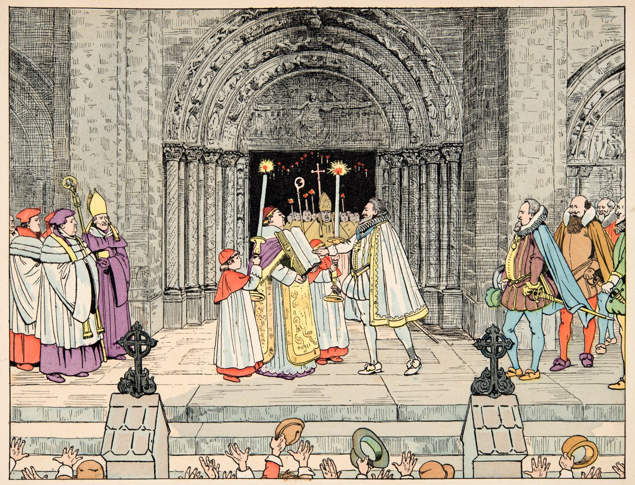Ilustrace převzatá z knihy „Le bon roy Henri“, kterou ilustroval Jacques Marie Gaston Onfray de Breville dit JOB (1858-1931): Henri IV., Bazilika Saint Denis se vzdal svého náboženství a konvertité - Soukromá sbírka od pseudonym for Onfray de Breville Jacques Job