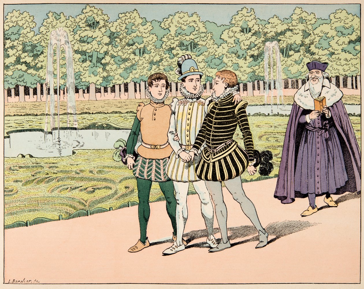 Ilustrace převzatá z knihy „Le bon roy Henri“, kterou ilustroval Jacques Marie Gaston Onfray de Breville dit JOB (1858-1931): Henri IV se spřátelil s panem de Segurem a panem de La Rochefoucauldem – soukromá sbírka od pseudonym for Onfray de Breville Jacques Job