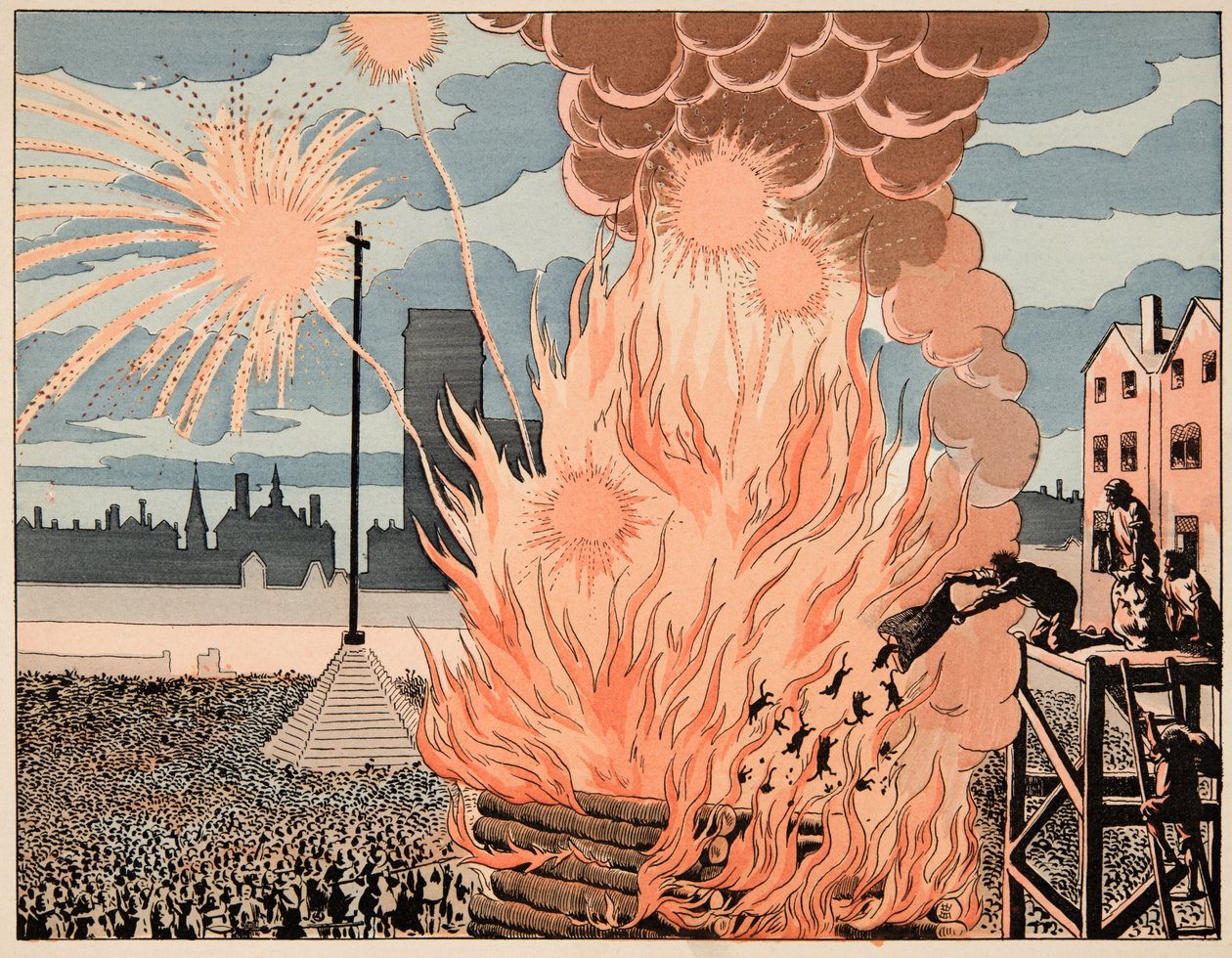 Ilustrace převzatá z knihy „Le bon roy Henri“, kterou ilustroval Jacques Marie Gaston Onfray de Breville dit JOB (1858-1931): Fire de joie place de strike v Paříži – soukromá sbírka od pseudonym for Onfray de Breville Jacques Job