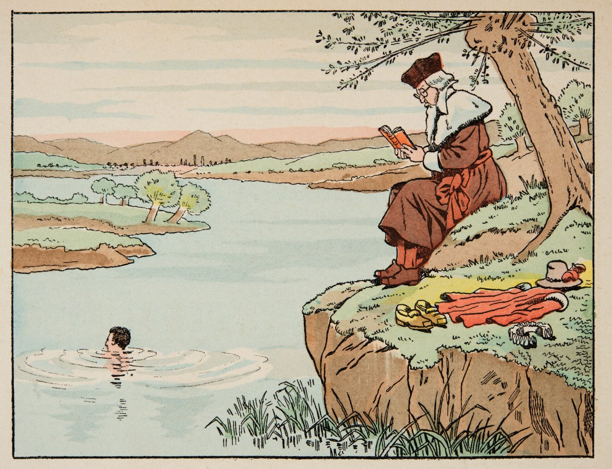 Ilustrace převzatá z knihy „Le bon roy Henri“, kterou ilustroval Jacques Marie Gaston Onfray de Breville dit JOB (1858-1931): Vzdělávání v 16. století: plavání - Soukromá sbírka od pseudonym for Onfray de Breville Jacques Job