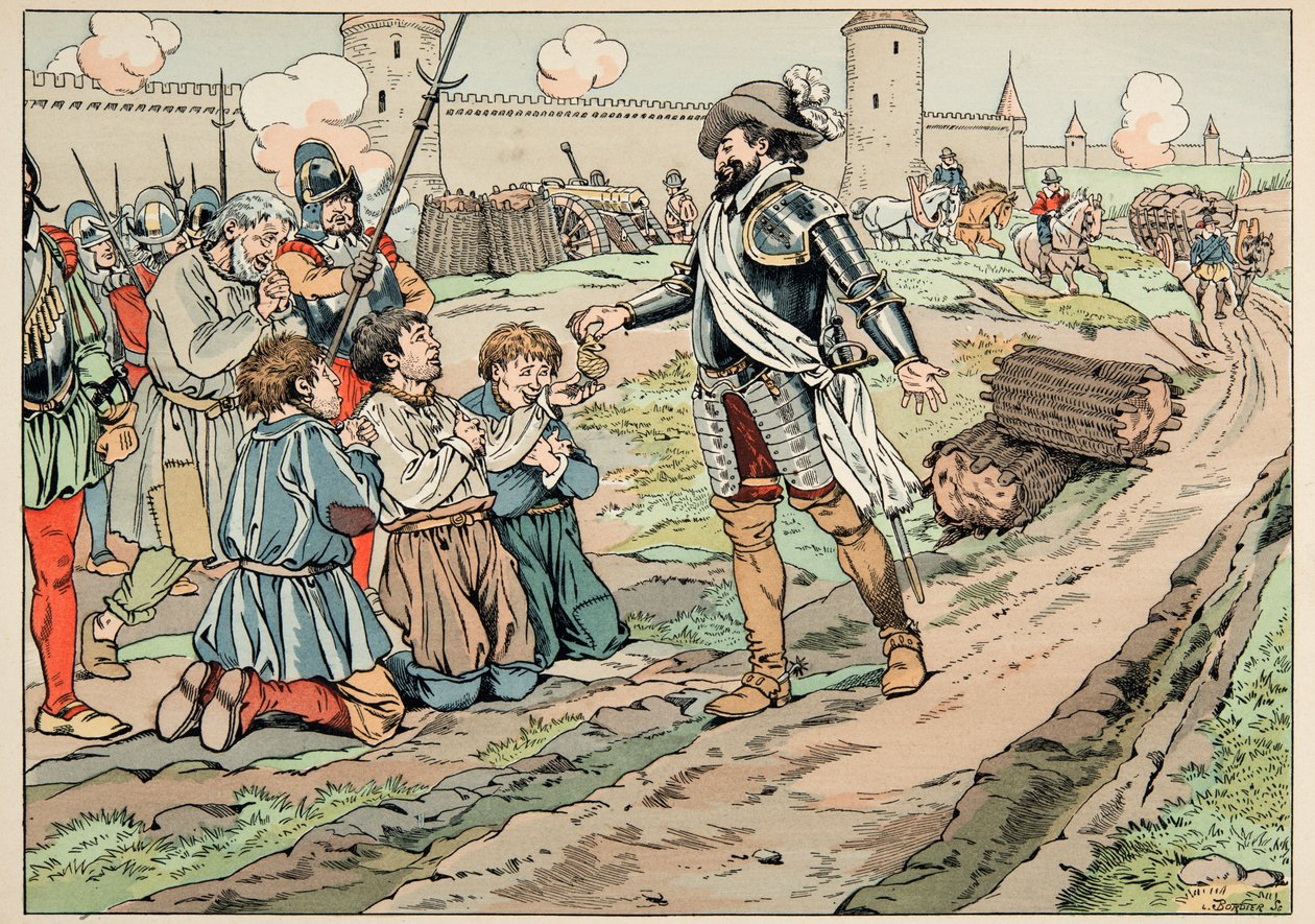 Ilustrace převzatá z knihy „Le bon roy Henri“, kterou ilustroval Jacques Marie Gaston Onfray de Breville dit JOB (1858-1931): Henri IV dává peníze a osvobozuje rolníky, kteří se pokusili do Paříže dostat jídlo - Soukromá sbírka od pseudonym for Onfray de Breville Jacques Job