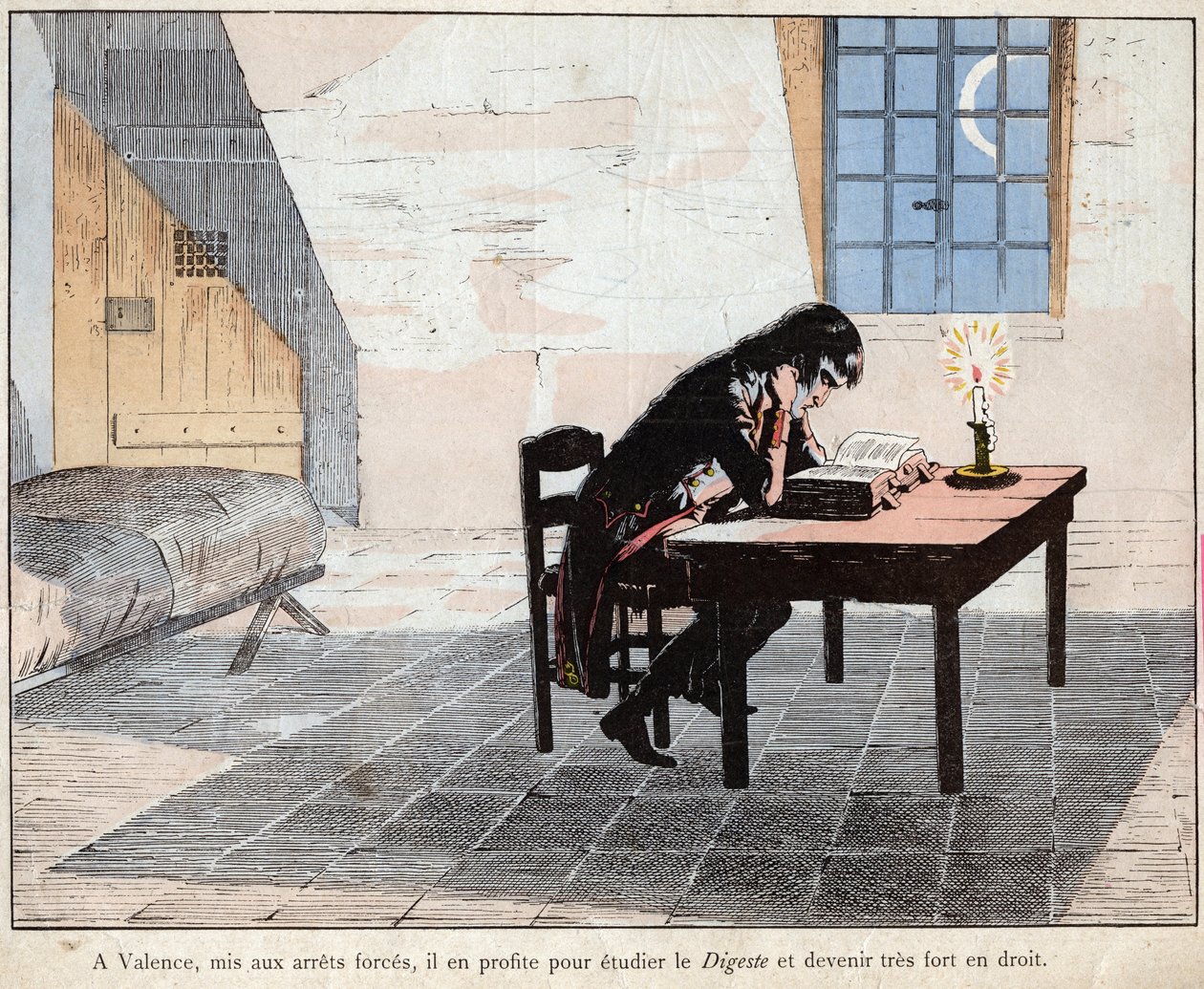 Ve Valencii (vězení) toho Napoleon využívá ke studiu Digest a stává se velmi silným v právu - Napoleon četl Digeste a posílil své znalosti práva - litografie Joba (Jacques Onfroy de Breville) z „“Le Grand Napoleon des Petites od pseudonym for Onfray de Breville Jacques Job
