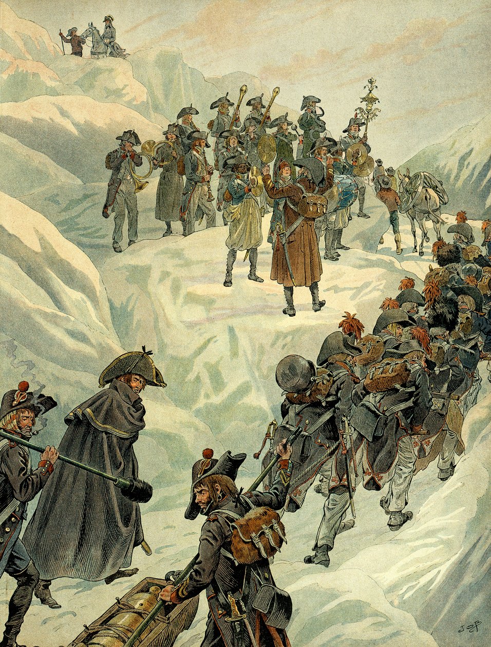 Italské tažení (1799-1800): průchod přes průsmyk Saint Bernard do Alp armádou Napoleona I. Bonaparta (1769-1821) 20. května 1800. Ilustrace Jacques Marie Gaston Onfray de Breville dit JOB (1858-1931). Soukromá sbírka od pseudonym for Onfray de Breville Jacques Job