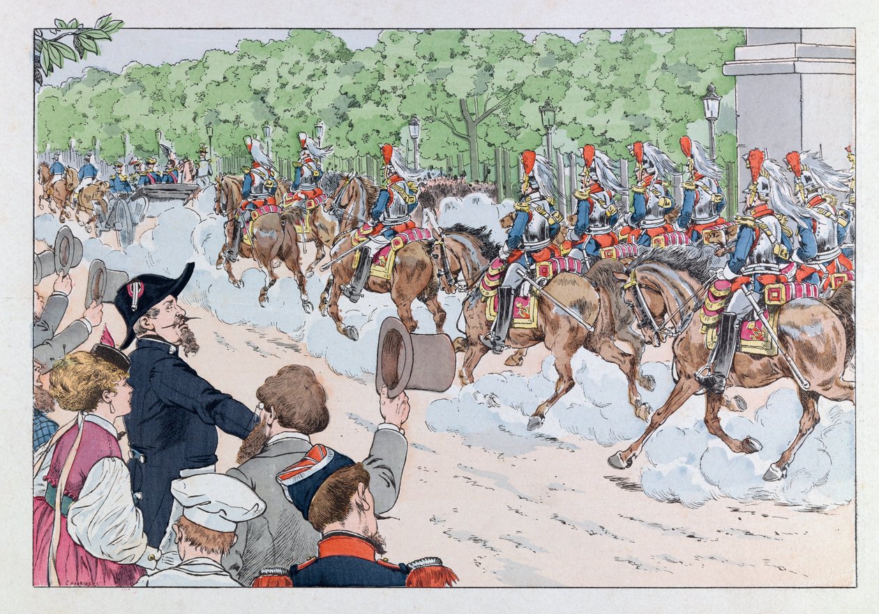 Jacques Marie Gaston Onfray de Breville dit JOB (1858 - 1931); Ilustrace z knihy „Les epees de France“: Doprovod císaře Napoleona 3 na Champs Elysees; Coll, Part od pseudonym for Onfray de Breville Jacques Job