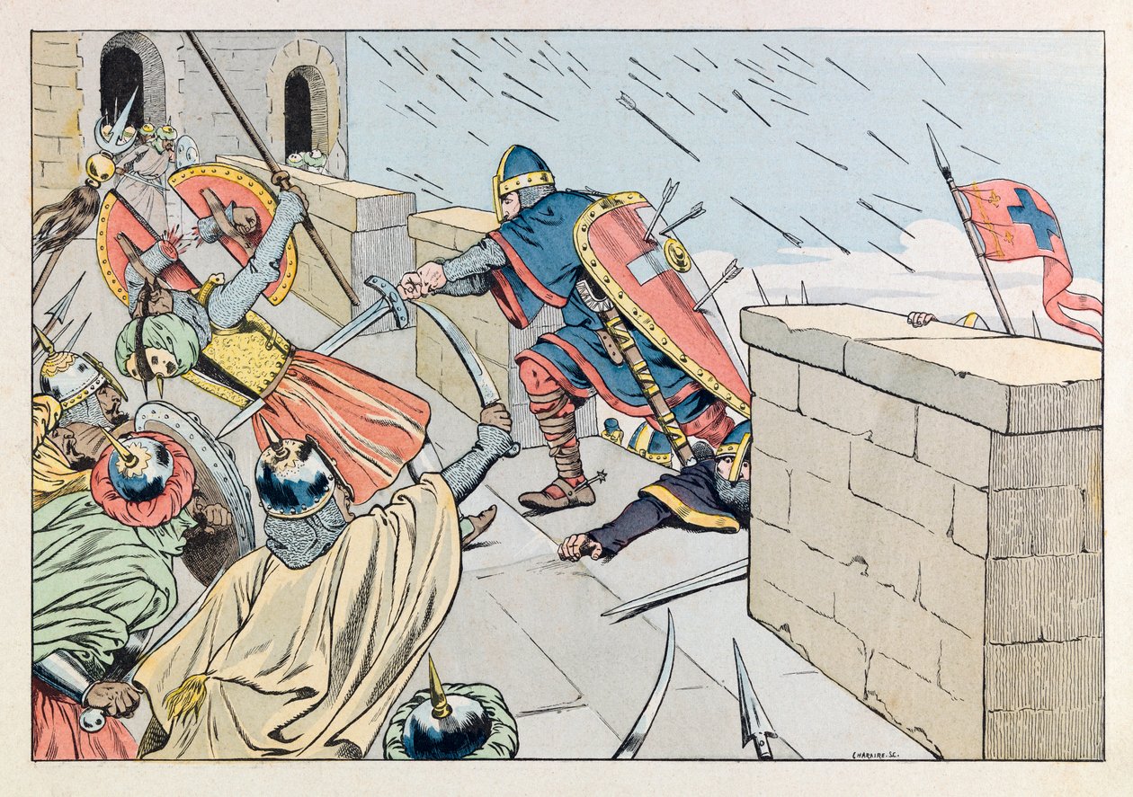 Jacques Marie Gaston Onfray de Breville zvaný JOB (1858 - 1931); Ilustrace z knihy „Les epees de France“: Dobyt Jeruzaléma Godefroyem de Bouillon v roce 1099; Coll, Part. od pseudonym for Onfray de Breville Jacques Job