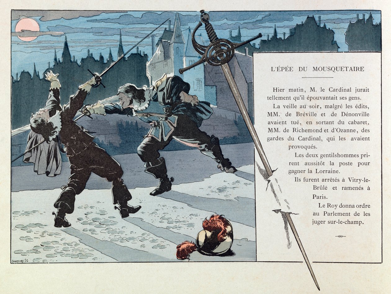 Jacques Marie Gaston Onfray de Breville dit JOB (1858 - 1931); Ilustrace z knihy „Les epees de France“: Souboj mezi mušketýrem a stráží kardinála (M de Breville a Denonville zabili M de Richemonda a M d