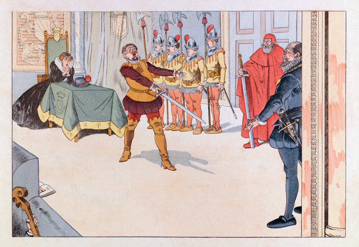 Jacques Marie Gaston Onfray de Breville zvaný JOB (1858 - 1931); Ilustrace z knihy „Les epees de France“: Piece de Theatre au 19th century; Coll, Share od pseudonym for Onfray de Breville Jacques Job