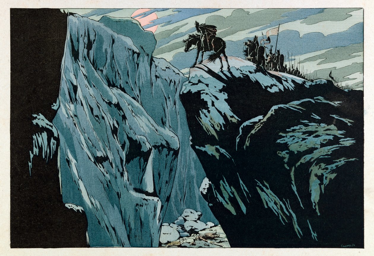 Jacques Marie Gaston Onfray de Breville zvaný JOB (1858 - 1931); Ilustrace z knihy „Les epees de France“: Smrt Rolanda v Roncesvalles v roce 778; Coll, Part. od pseudonym for Onfray de Breville Jacques Job