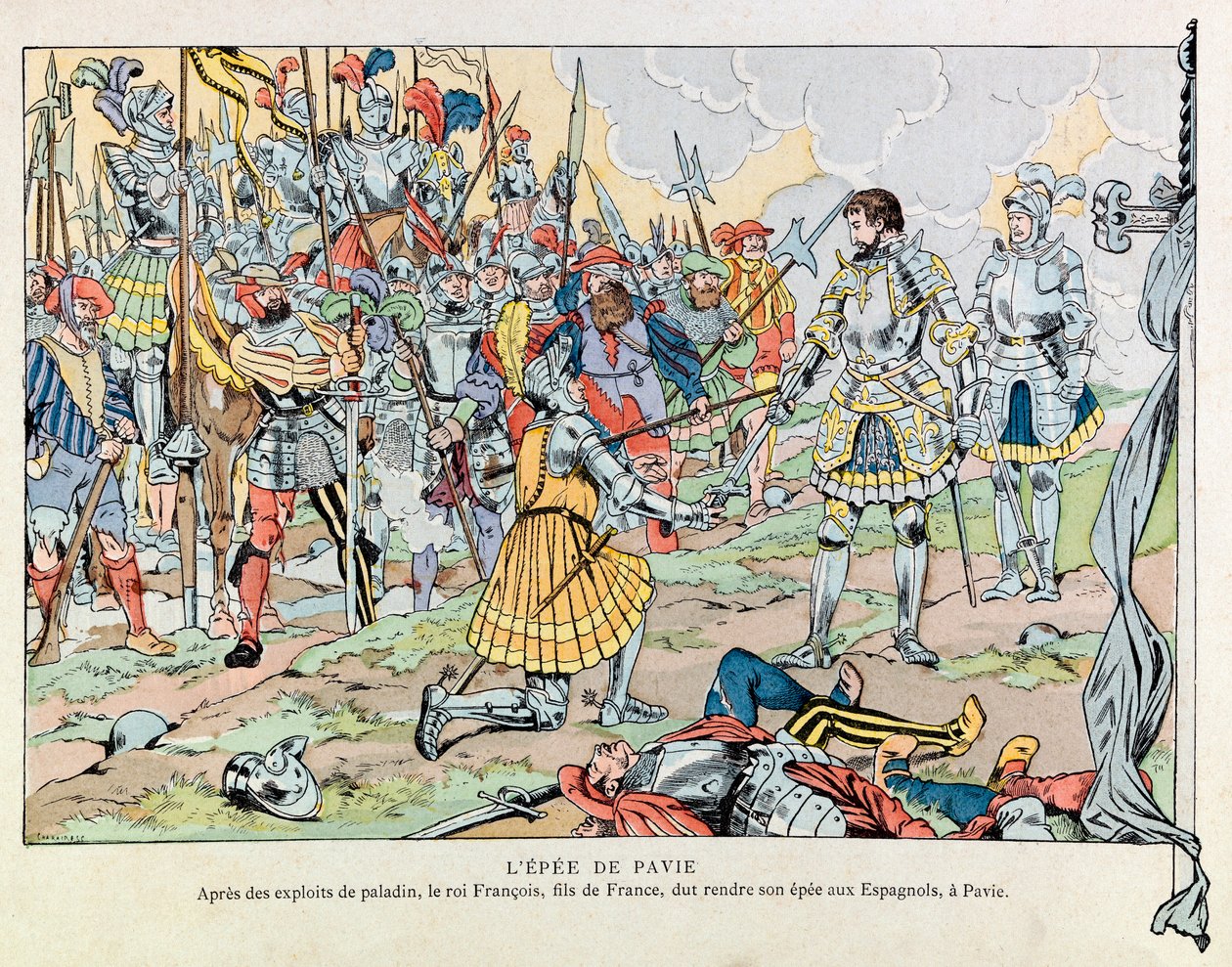 Jacques Marie Gaston Onfray de Breville dit JOB (1858 - 1931); Ilustrace z knihy „Les epees de France““: Král Francois 1. vrací svůj meč Španělům po porážce Pavie 24. února od pseudonym for Onfray de Breville Jacques Job