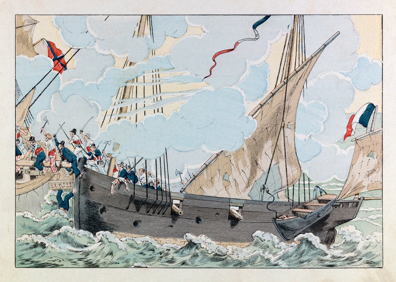 Jacques Marie Gaston Onfray de Breville dit JOB (1858 - 1931); Ilustrace z knihy „Les epees de France““: Robert Surcouf (1773-1827) se svou lodí „“ La Coquette „“ útočí na anglickou loď „“ the Queen Mary „“; Coll, Part od pseudonym for Onfray de Breville Jacques Job