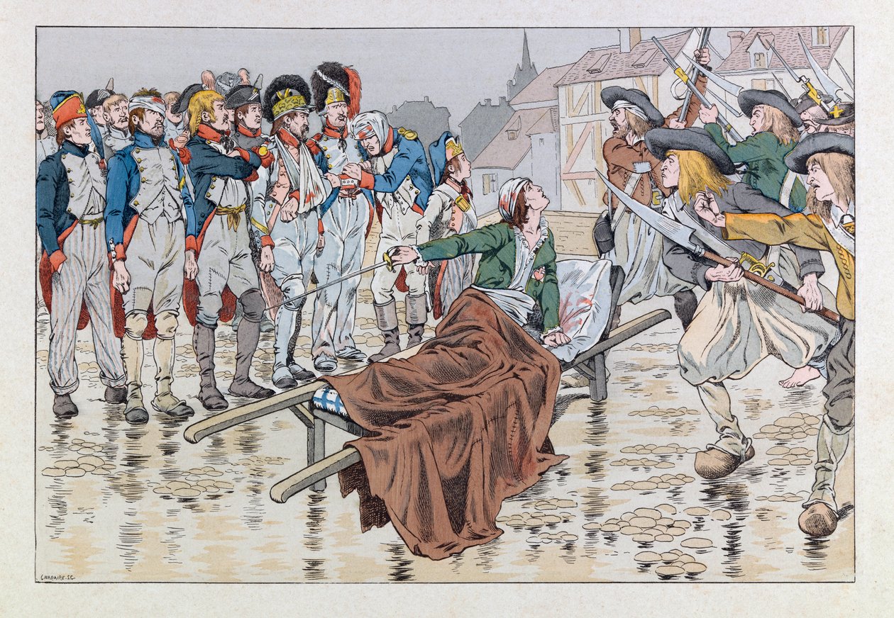 Jacques Marie Gaston Onfray de Breville dit JOB (1858 - 1931); Ilustrace z knihy „Les epees de France“: Markýz de Bonchamps smrtelně zraněn po bitvě u Choletu v roce 1793 zachraňuje republikánské zajatce z rukou chouanů; Coll, Par od pseudonym for Onfray de Breville Jacques Job