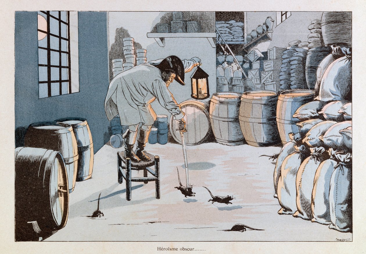 Jacques Marie Gaston Onfray de Breville zvaný JOB (1858 - 1931); Ilustrace z „Les epees de France“: Armádní provizní komisař proti krysí armádě; Coll, Share od pseudonym for Onfray de Breville Jacques Job
