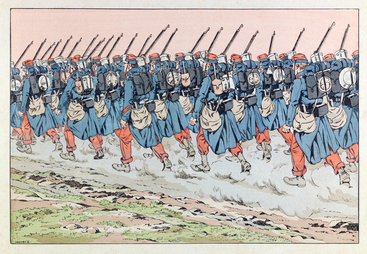 Jacques Marie Gaston Onfray de Breville zvaný JOB (1858 - 1931); Ilustrace z knihy „Les epees de France““: Chlupatí ze 14 na cestě dopředu; Coll, Share od pseudonym for Onfray de Breville Jacques Job