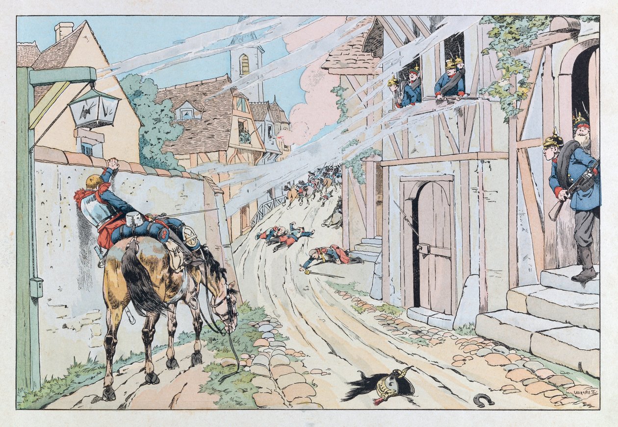 Jacques Marie Gaston Onfray de Breville dit JOB (1858 - 1931); Ilustrace převzatá z knihy „Les epees de France““: Epizoda pruské války v roce 1870, útok 9. kyrysníků ve vesnici Morsbronn; Coll, Part od pseudonym for Onfray de Breville Jacques Job