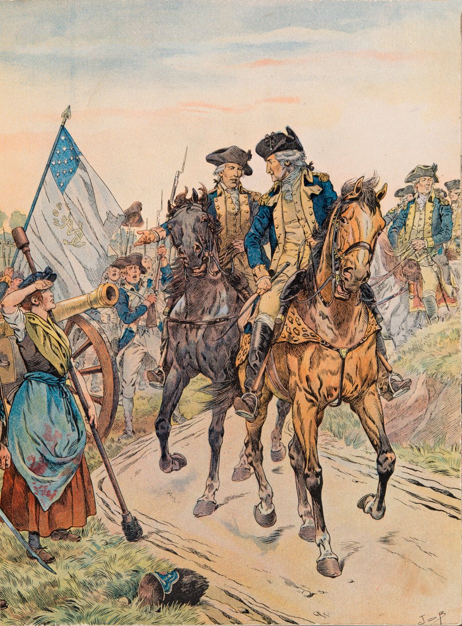 Jacques Marie Gaston Onfroy de Breville dit JOB (1858-1931) - George Washington minul Molly Pitcher během bitvy o Monmouth dne 28. června 1778 během války za nezávislost, soukromá sbírka od pseudonym for Onfray de Breville Jacques Job