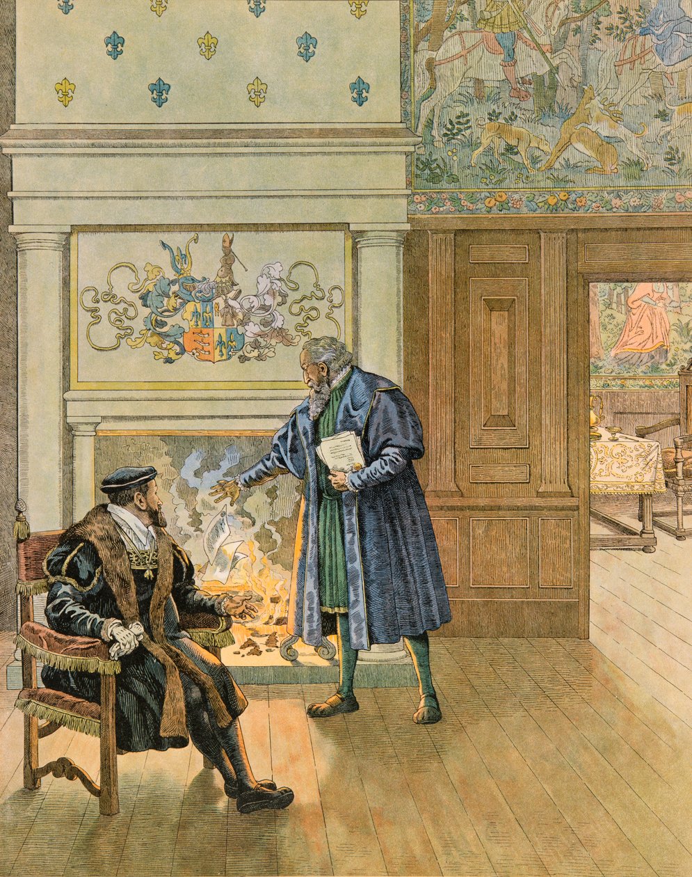 Jacques Marie Gaston Onfroy de Breville dit JOB (1858-1931) - Historie Belgie: Císař Karel V. (1500 - 1558) navštěvující velké obchodníky a finančníky města Antverpy, Soukromá sbírka od pseudonym for Onfray de Breville Jacques Job