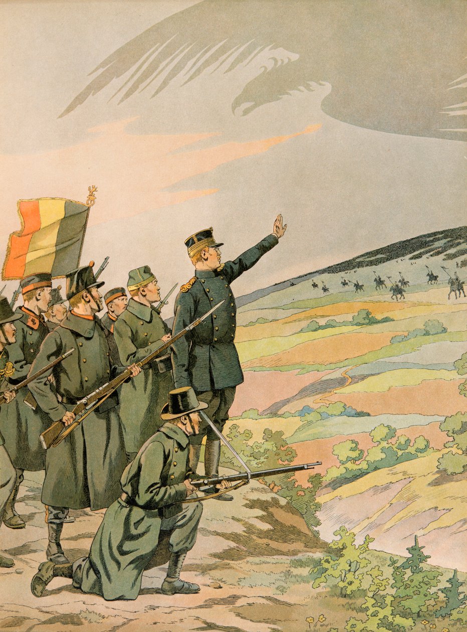 Jacques Marie Gaston Onfroy de Breville dit JOB (1858-1931) - Historie Belgie: Král Albert (1875 - 1934) a belgická armáda čelí německé invazi během první světové války, soukromá sbírka od pseudonym for Onfray de Breville Jacques Job