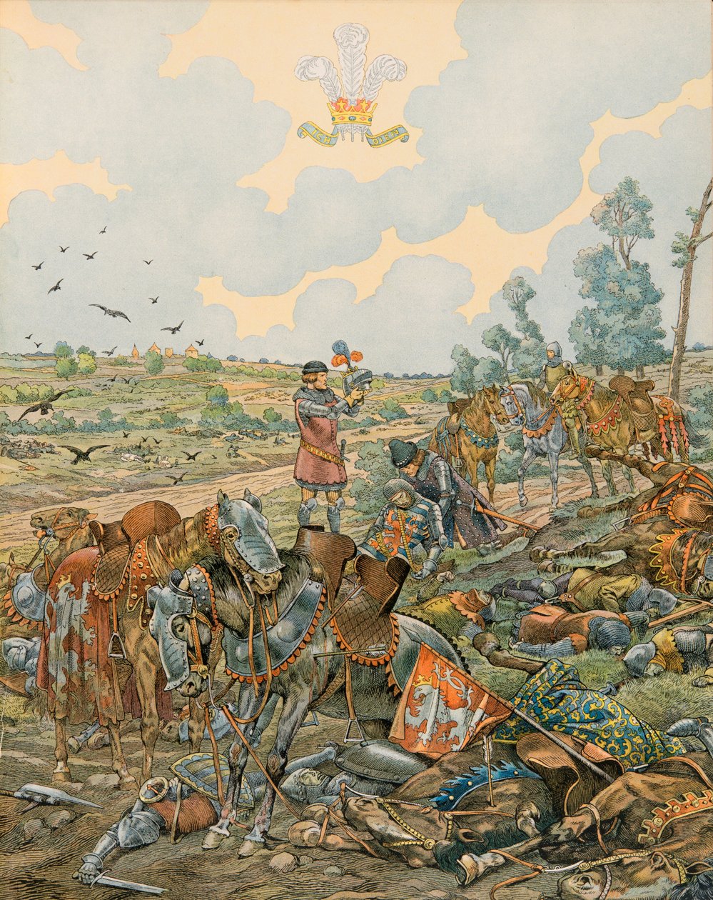 Jacques Marie Gaston Onfroy de Breville dit JOB (1858-1931) - Historie Belgie: Jan 1, hrabě Lucemburský dit l Blind (1296 - 1346) padl v bitvě u Crecy dne 26. srpna 1346, soukromá sbírka od pseudonym for Onfray de Breville Jacques Job