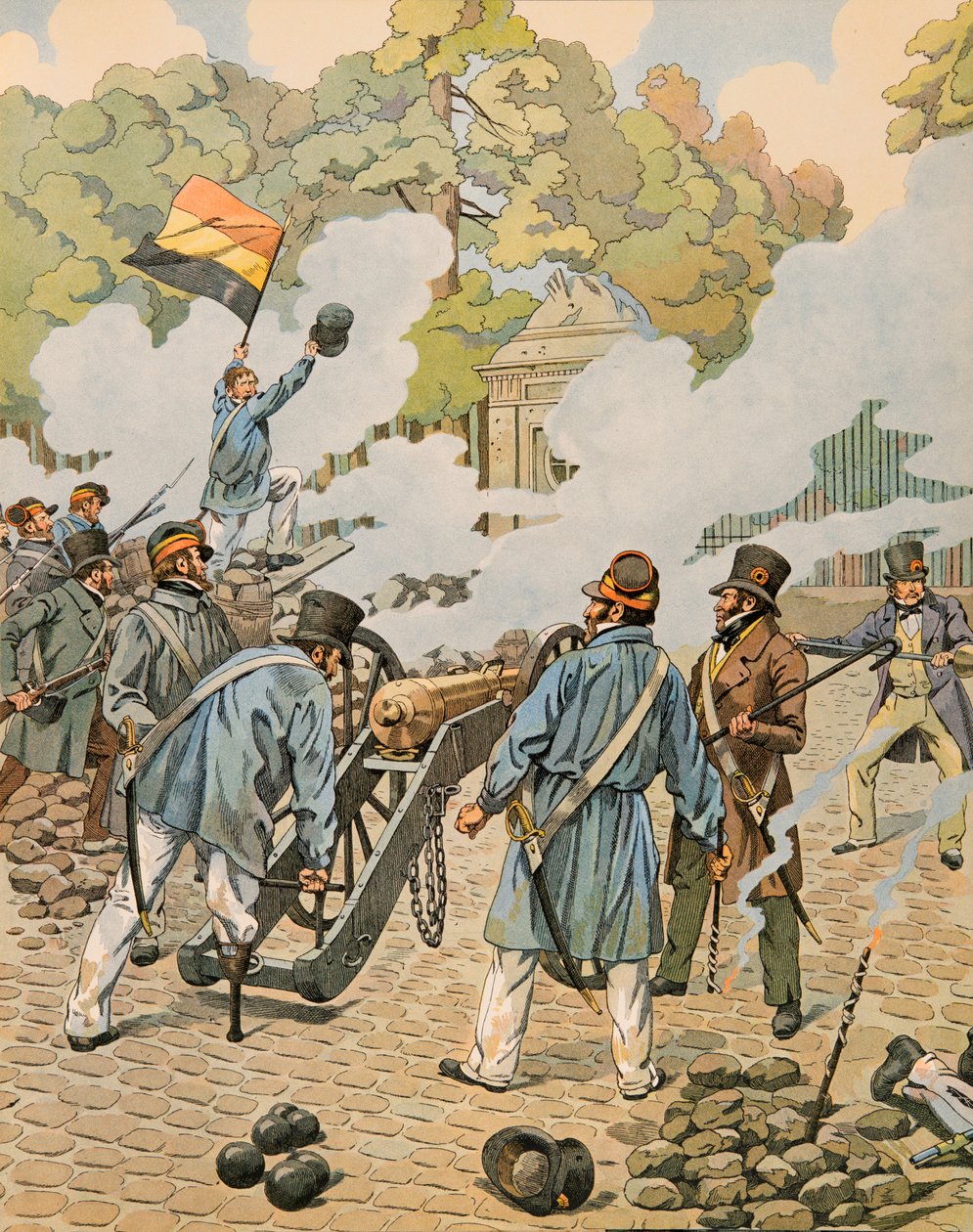 Jacques Marie Gaston Onfroy de Breville dit JOB (1858-1931) - Dějiny Belgie: Jean Joseph Charlier (1794 - 1866) říká, že dřevěná noha směřuje svůj kus dělostřelectva proti holandským jednotkám zmasakrovaným v parku v Bruselu v září 1830, vojín plk od pseudonym for Onfray de Breville Jacques Job