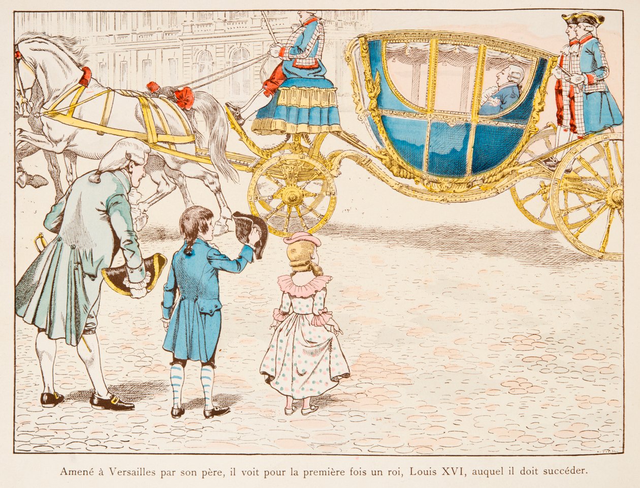 Jacques Marie Gaston Onfroy de Breville dit JOB (1858-1931) - Napoleon Bonaparte přivedený do Versailles jeho otcem vidí krále Ludvíka XVI. v Carossu poprvé v roce 1770, soukromá sbírka od pseudonym for Onfray de Breville Jacques Job