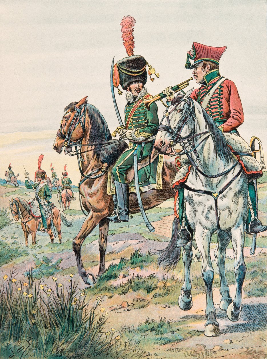 Jacques Marie Gaston Onfroy de Breville dit JOB (1858-1931) - Oblečení francouzských jednotek všech dob: Trumpet of the Legers Horses of Arenbergf (1807), soukromá sbírka od pseudonym for Onfray de Breville Jacques Job