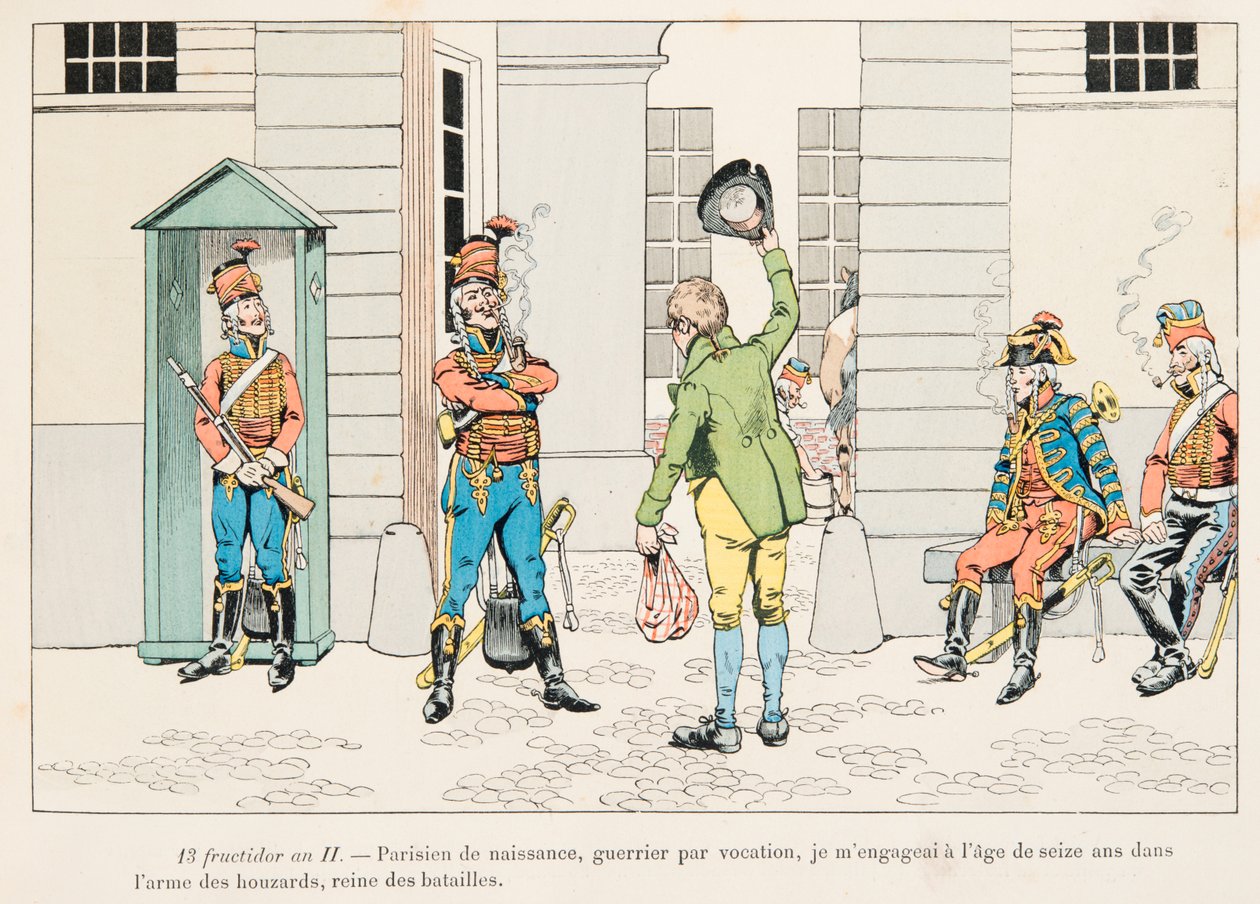 Jacques Marie Gaston Onfroy de Breville dit JOB (1858-1931) - mladý muž angažovaný u Houzardů (husarů) během Francouzské revoluce, soukromá sbírka od pseudonym for Onfray de Breville Jacques Job