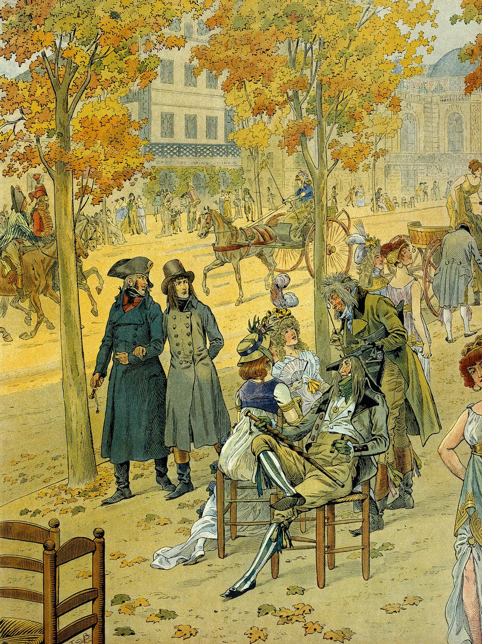 Jean Andoche Junot (Jean-Andoche) (1771-1813) a Napoleon I. Bonaparte (1769-1821) se procházejí po Boulevard de Coblenz (Boulevard de Ghent) v Paříži před Neuvěřitelnou. Ilustrace Jacques Marie Gaston Onfray de Breville dit JOB (1858-1931) od pseudonym for Onfray de Breville Jacques Job
