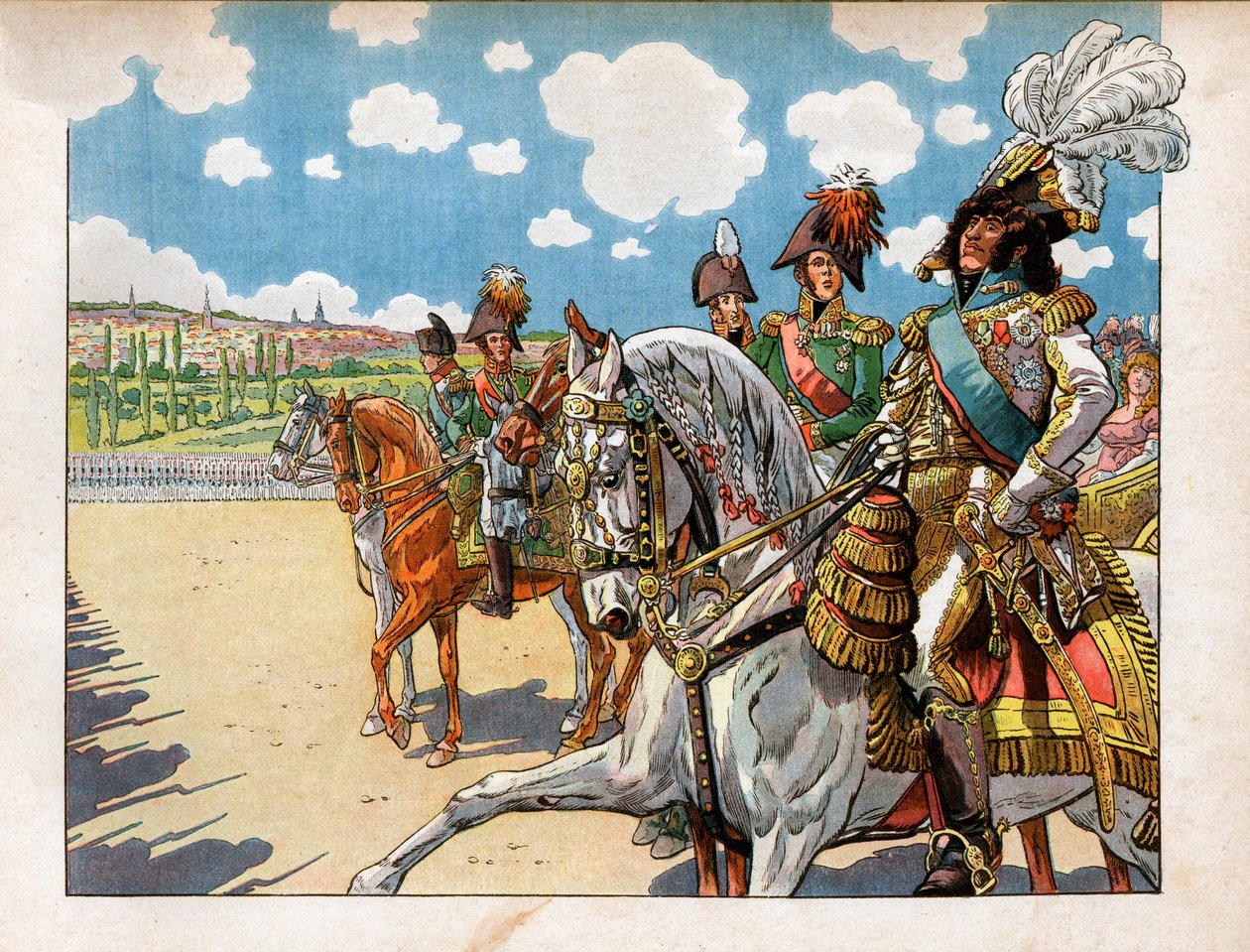 Joachim Murat (1767-1815) doprovázel Napoleona I. Bonaparta (1869-1921) a Alexandra I., ruského císaře (1777-1825) při kontrole vojsk během Tilsitské smlouvy dne 7. července 1807. Rytina Jacques Marie Gaston Onfray de Breville dit Job (185 od pseudonym for Onfray de Breville Jacques Job