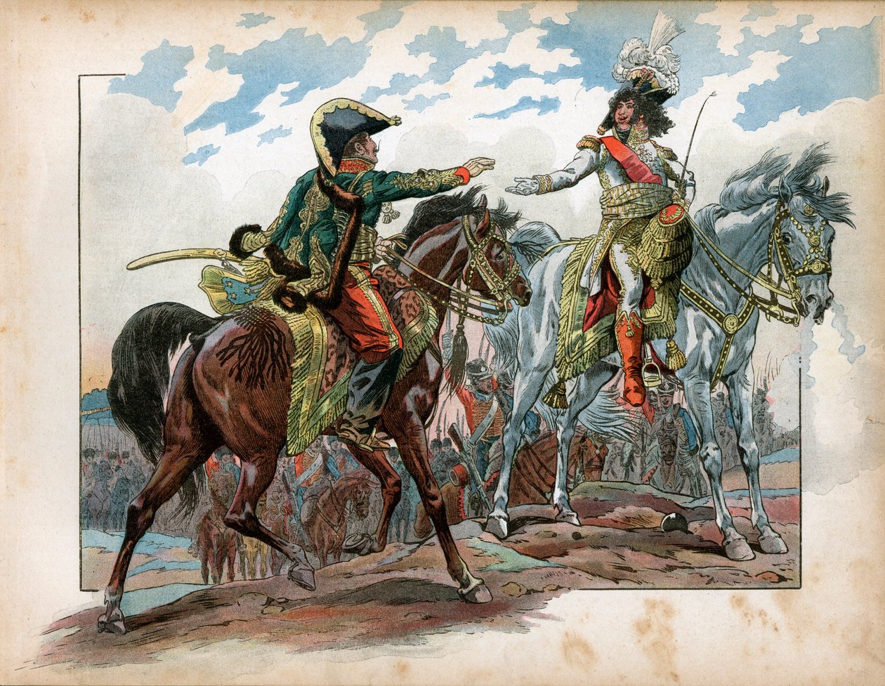 Joachim Murat (1767-1815) a generál Antoine Charles Louis de La Salle (Lasalle) (1775-1809) během bitvy u Heilsbergu v roce 1807. Rytina Jacques Marie Gaston Onfray de Breville dit Job (1858-1931) od pseudonym for Onfray de Breville Jacques Job