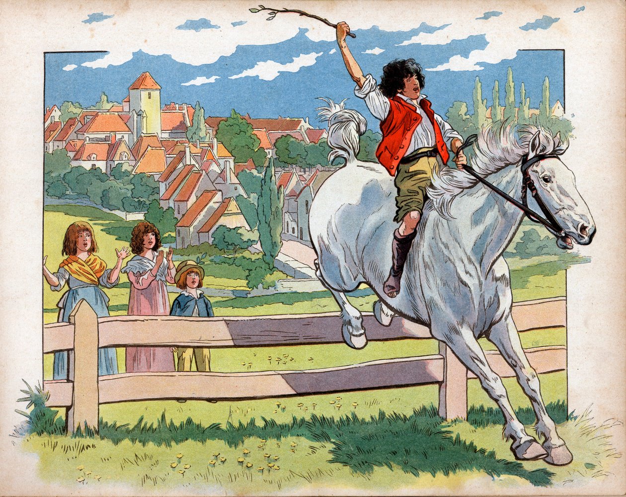 Joachim Murat (1767-1815) dítě na koni trénuje skákání ze živých plotů. Rytina Jacques Marie Gaston Onfray de Breville dit Job (1858-1931) od pseudonym for Onfray de Breville Jacques Job