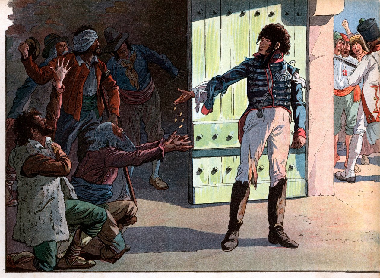 Joachim Murat (1767-1815), dechu král Neapole, vězeň v pevnosti přístavu Pizzo s ním rozděloval své peníze zajatým banditům v roce 1815. Rytina Jacques Marie Gaston Onfray de Breville dit Job (1858-1931) od pseudonym for Onfray de Breville Jacques Job