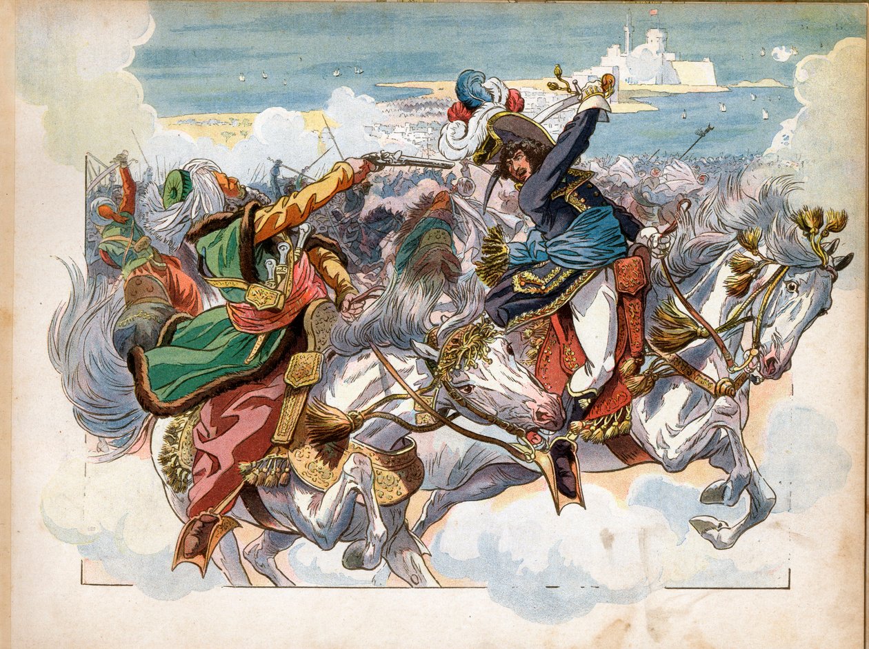Joachim Murat (1767-1815) během bitvy u Aboukiru v roce 1799 během tažení (expedice) do Egypta zajal generála Mustafu Pašu poté, co byl střelen do čelisti; po bitvě se stal divizním generálem. Rytina Jacques Marie Gaston Onfra od pseudonym for Onfray de Breville Jacques Job