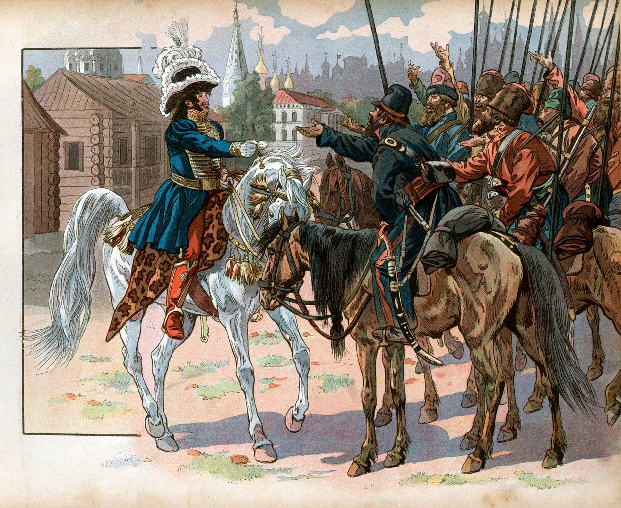 Joachim Murat (1767-1815) v Moskvě nabízí hodinky Rusům. Rytina Jacques Marie Gaston Onfray de Breville dit Job (1858-1931) od pseudonym for Onfray de Breville Jacques Job