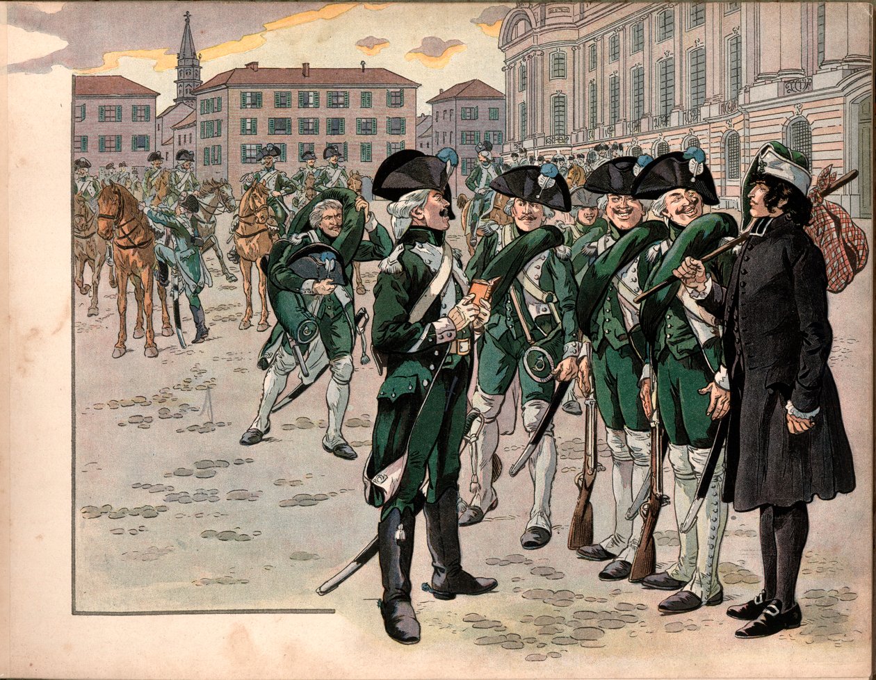 Joachim Murat (1767-1815) vstoupil do pluku lovců z Arden v roce 1787. Rytina Jacquese Marie Gaston Onfray de Breville dit Job (1858-1931) od pseudonym for Onfray de Breville Jacques Job
