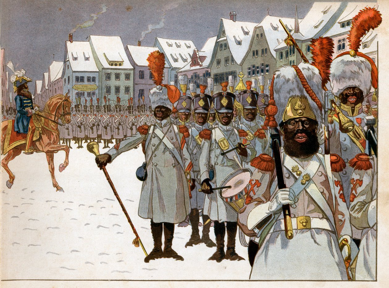 Joachim Murat (1767-1815) zachránil velení armády poté, co císař opustil Rusko. Ve svém sídle v Koenigsbergu hodnotí společnost černochů. Rytina Jacques Marie Gaston Onfray de Breville dit Job (1858-1931) od pseudonym for Onfray de Breville Jacques Job