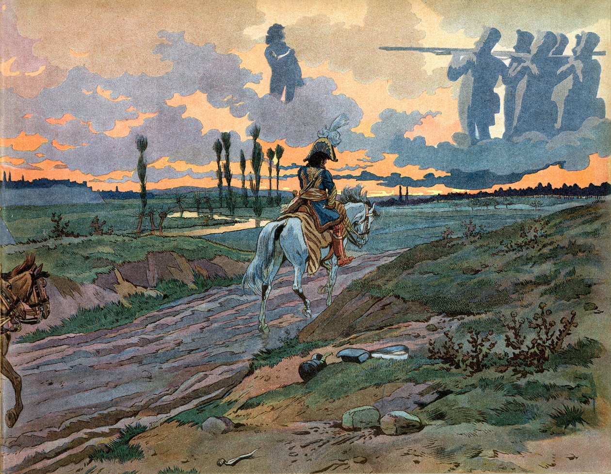 Joachim Murat (1767-1815) se vrátil do Neapole po porážce Lipska v roce 1813. Rytina Jacquese Marie Gaston Onfray de Breville dit Job (1858-1931) od pseudonym for Onfray de Breville Jacques Job