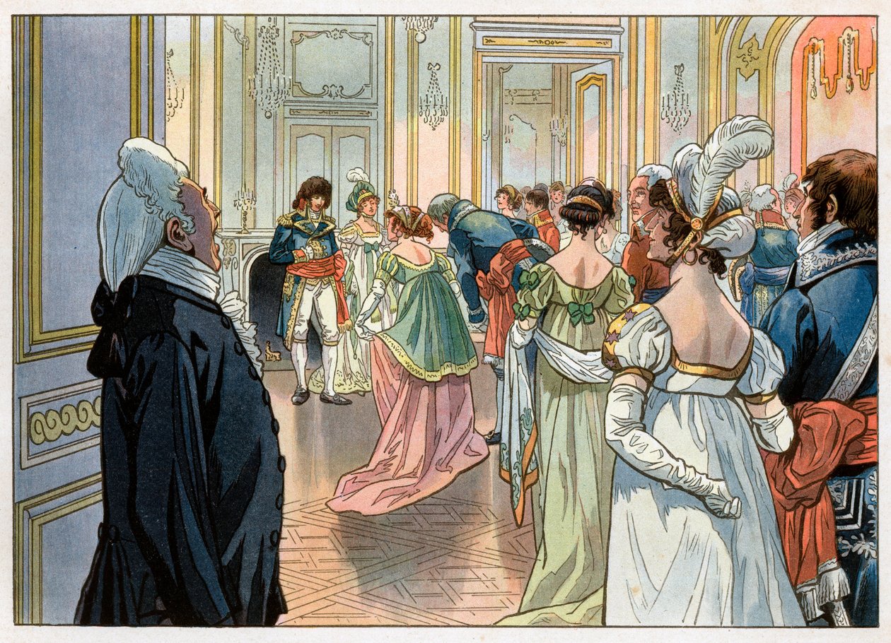 Joachim Murat (1767-1815), tehdejší guvernér Paříže, a jeho manželka Caroline Bonaparte (1782-1839) přijali hosty na večírku ve svém hotelu Vendome v Paříži. Pozvánky oznamuje sluha a poté se uctívají před svými hosty. Gravírování od od pseudonym for Onfray de Breville Jacques Job