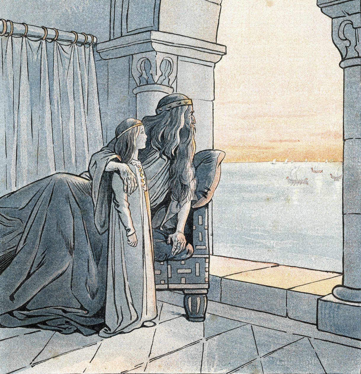 Král Karel Veliký (Karel I. zvaný Karel Veliký, 742-814) pozoruje příchod vikingských drakkarů na Seinu v 9. století. ve „Francii, jeho příběh vyprávěný G. Montorgueilem, vyobrazený Jobem“““ 1896. Soukromá sbírka. od pseudonym for Onfray de Breville Jacques Job