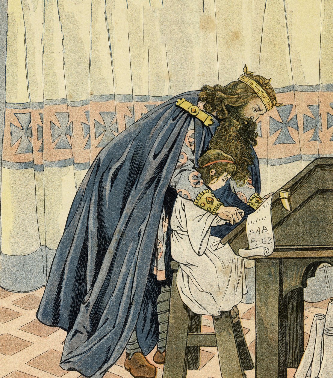 Král Karel Veliký (Karel I., známý jako Karel Veliký, 742-814) vzdělává malé dítě a vynalézá školu. ve „Francii, jeho příběh vyprávěný G. Montorgueilem, vyobrazený Jobem““ 1896. Soukromá sbírka. od pseudonym for Onfray de Breville Jacques Job