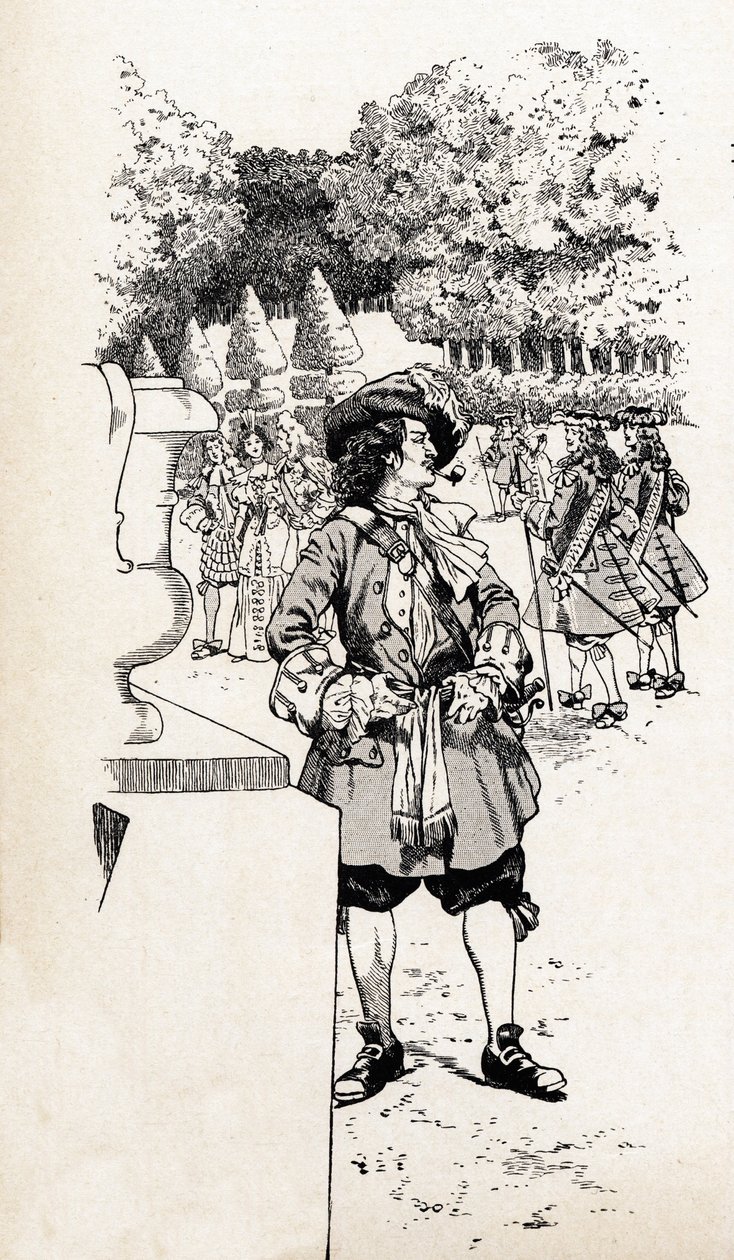 Francouzský král Ludvík XIV. zvaný král Soleil (1638-1715) se svými dvořany v zahradách Versailles. Ilustrace Joba (Jacques Marie Gaston Onfray a Breville) (Jacques-Marie) (1858-1931) pro knihu „Velká historická slova země Francie“ od pseudonym for Onfray de Breville Jacques Job