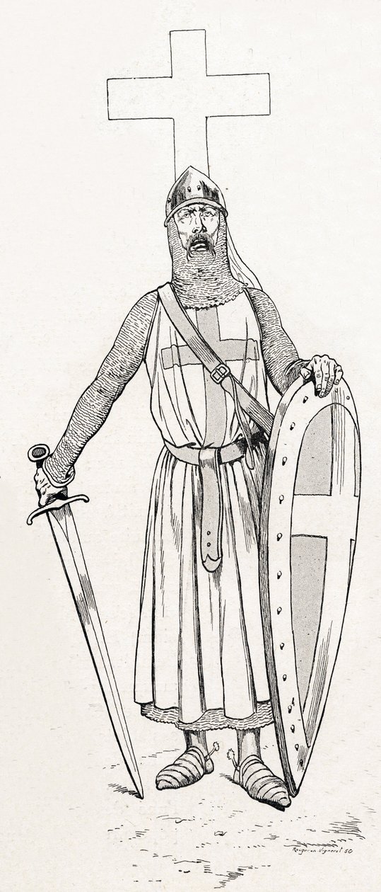 Rytíř Ludvíka IX. známý jako Saint Louis (1214-1270) v kostýmu křížové výpravy. Ilustrace Joba (Jacques Marie Gaston Onfray a Breville) (Jacques-Marie) (1858-1931) pro knihu „Les grands mots historique du pays de France““ 1915. Sbírka Privee. od pseudonym for Onfray de Breville Jacques Job