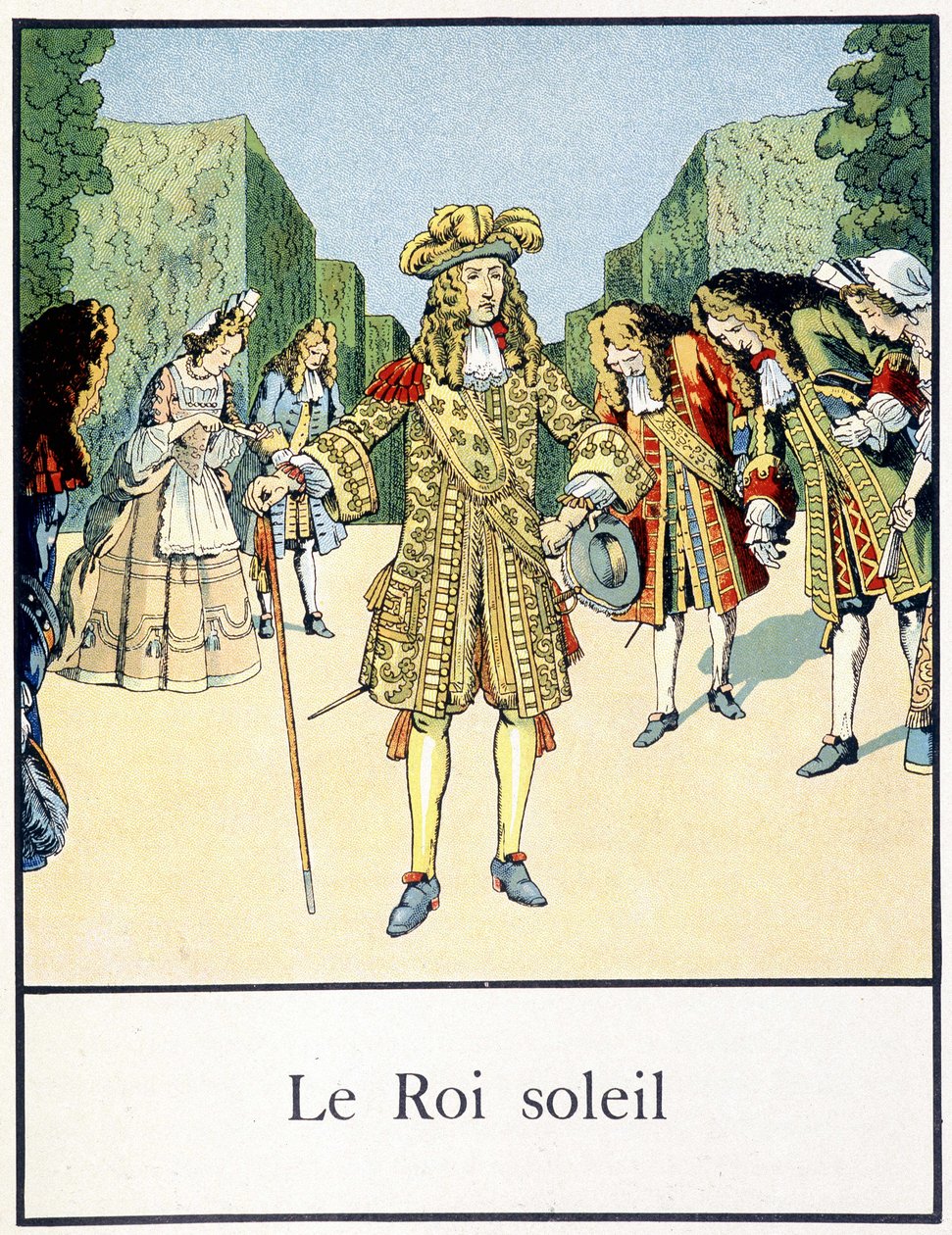 Král slunce (Ludvík XIV. v zahradách Versailles obklopený svým nádvořím) - v „“ Petite histoire de France““ od Jacquese Bainvilla, ed. Hříva od pseudonym for Onfray de Breville Jacques Job