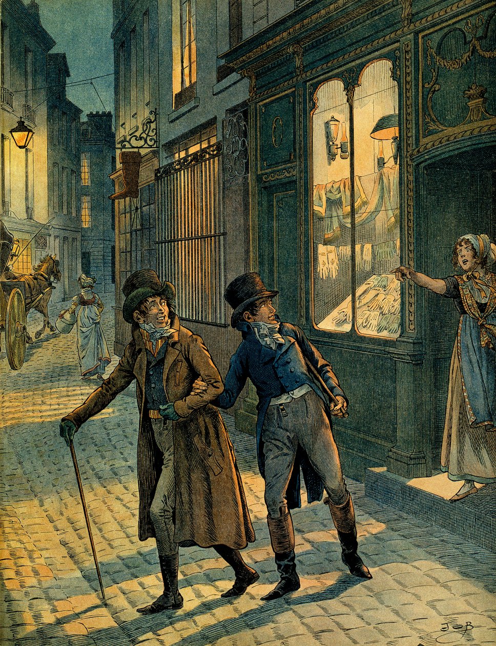 Louis Antoine Fauvelet de Bourrienne (1769-1834) a Napoleon I. Bonaparte (1769-1821) v ulicích Paříže inkognito. Ilustrace Jacques Marie Gaston Onfray de Breville dit JOB (1858-1931). Soukromá sbírka od pseudonym for Onfray de Breville Jacques Job