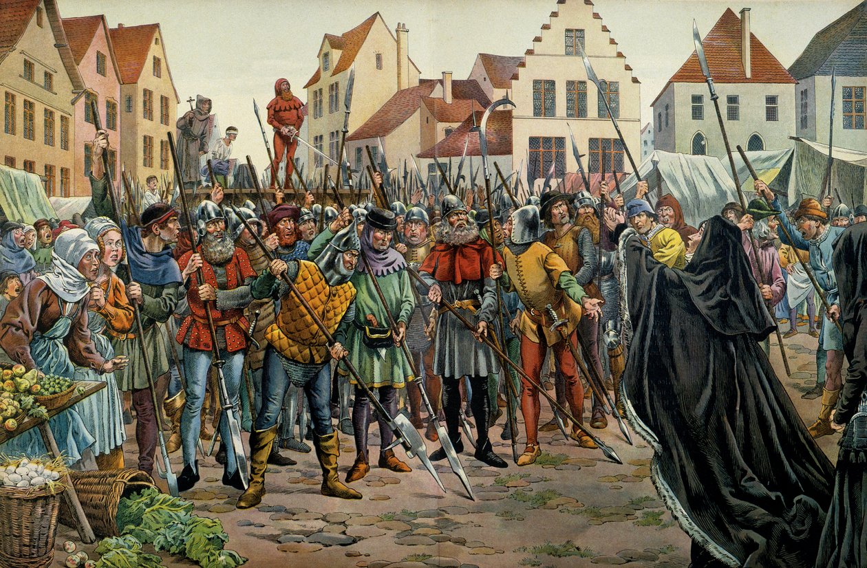 Marie Burgundská (1457-1482), vévodkyně z Burgundska požádala o milost pro své rádce v roce 1477. Ilustrace Jacques Marie Gaston Onfray de Breville dit JOB (1858-1931) v „“Loudvík XI””” od pseudonym for Onfray de Breville Jacques Job