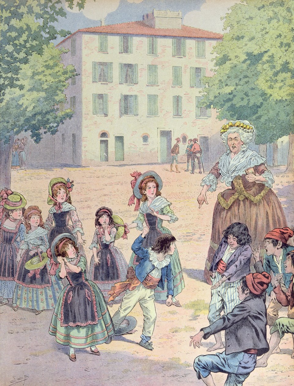 Napoleon Bonaparte (1769-1821) jako dítě ve sporu se svými kamarády před svým domem v Ajacciu na Korsice, kolem roku 1910 (barevné lito) od pseudonym for Onfray de Breville Jacques Job