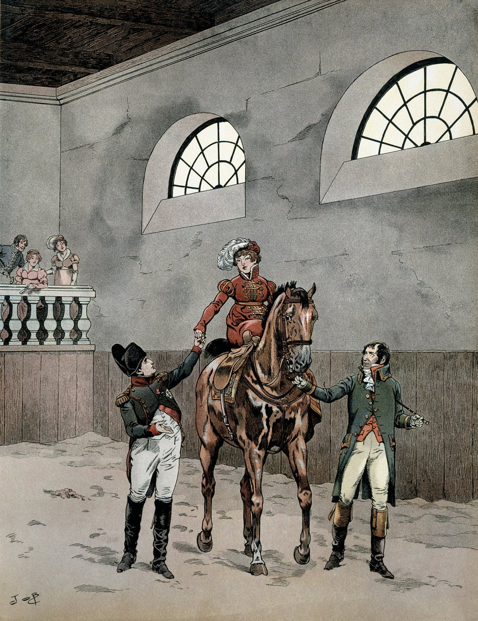Napoleon I. Bonaparte (1729-1821) navštěvoval jezdecké lekce imprese Marie Louise Rakouské (1791-1847). Ve filmu „Napoleon“ od Georgese Montorgueila. Ilustrace Jacques Marie Gaston Onfray de Breville dit JOB (1858-1931) od pseudonym for Onfray de Breville Jacques Job
