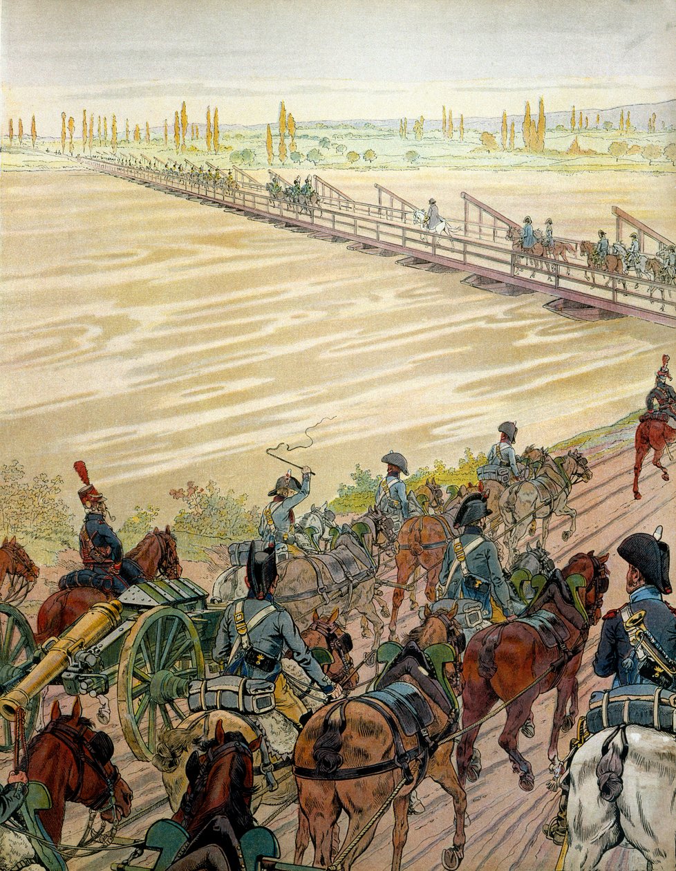 Napoleon I. Bonaparte (1769-1821) a jeho armáda překročili Rýn 1. října 1805. V „Napoleon“ od Georgese Montorgueila. Ilustrace Jacques Marie Gaston Onfray de Breville dit JOB (1858-1931) od pseudonym for Onfray de Breville Jacques Job